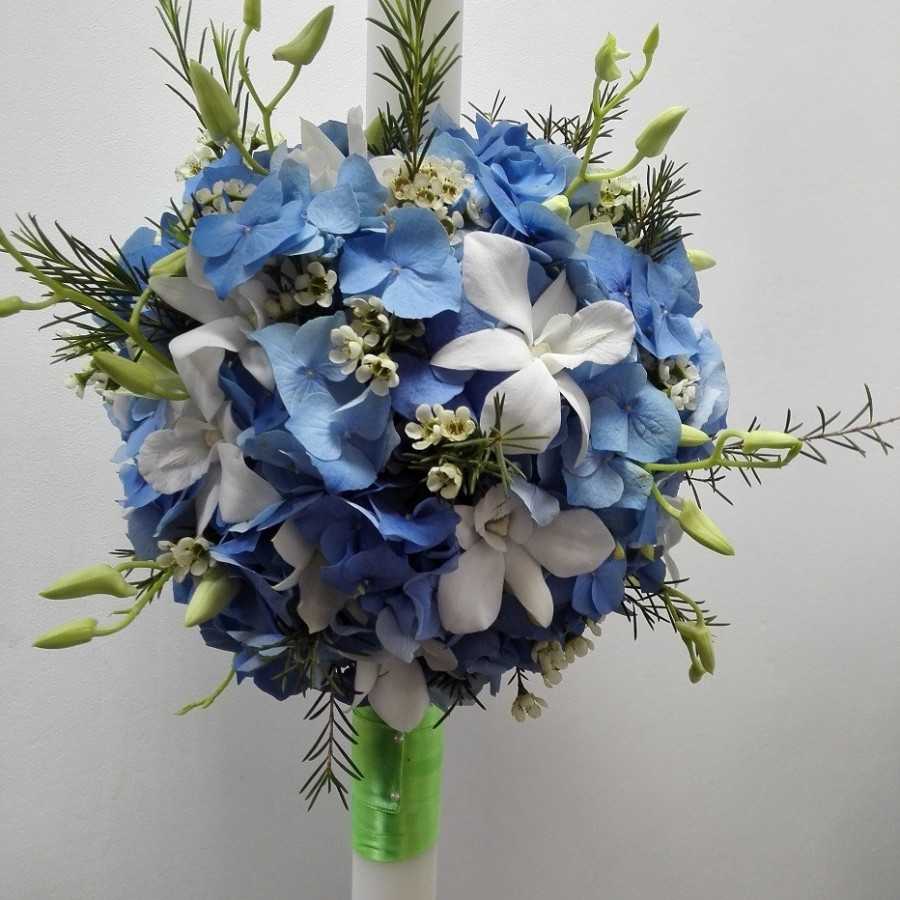 Lumanare botez hortensie albastra si orhidee